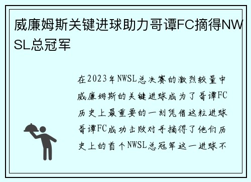 威廉姆斯关键进球助力哥谭FC摘得NWSL总冠军 威廉姆斯关键进球助力哥谭FC摘得NWSL总冠军